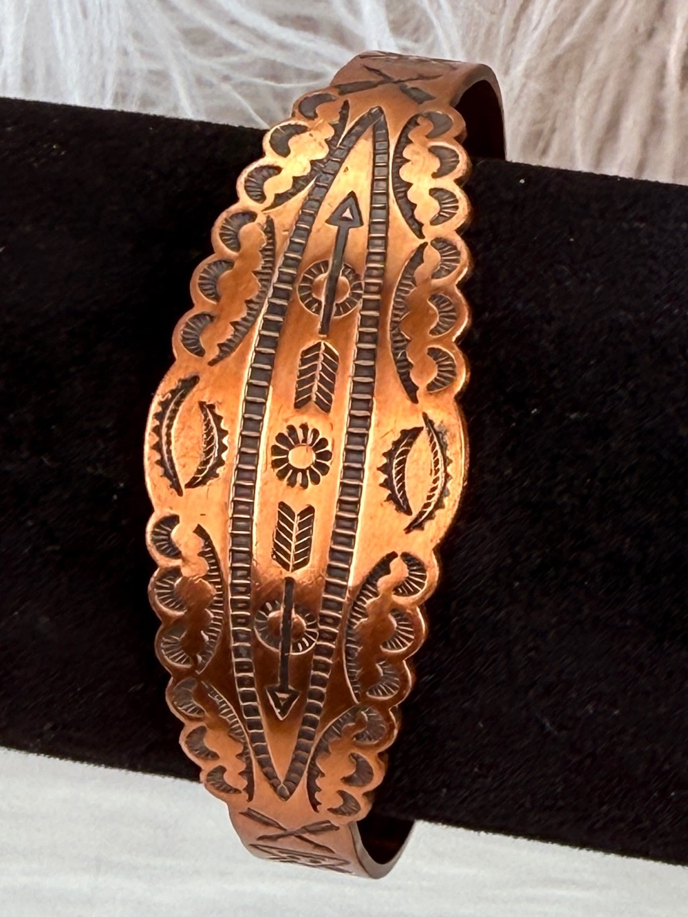Vintage Copper Cuff Bracelet Southwestern Arrow Sunburst Scalloped